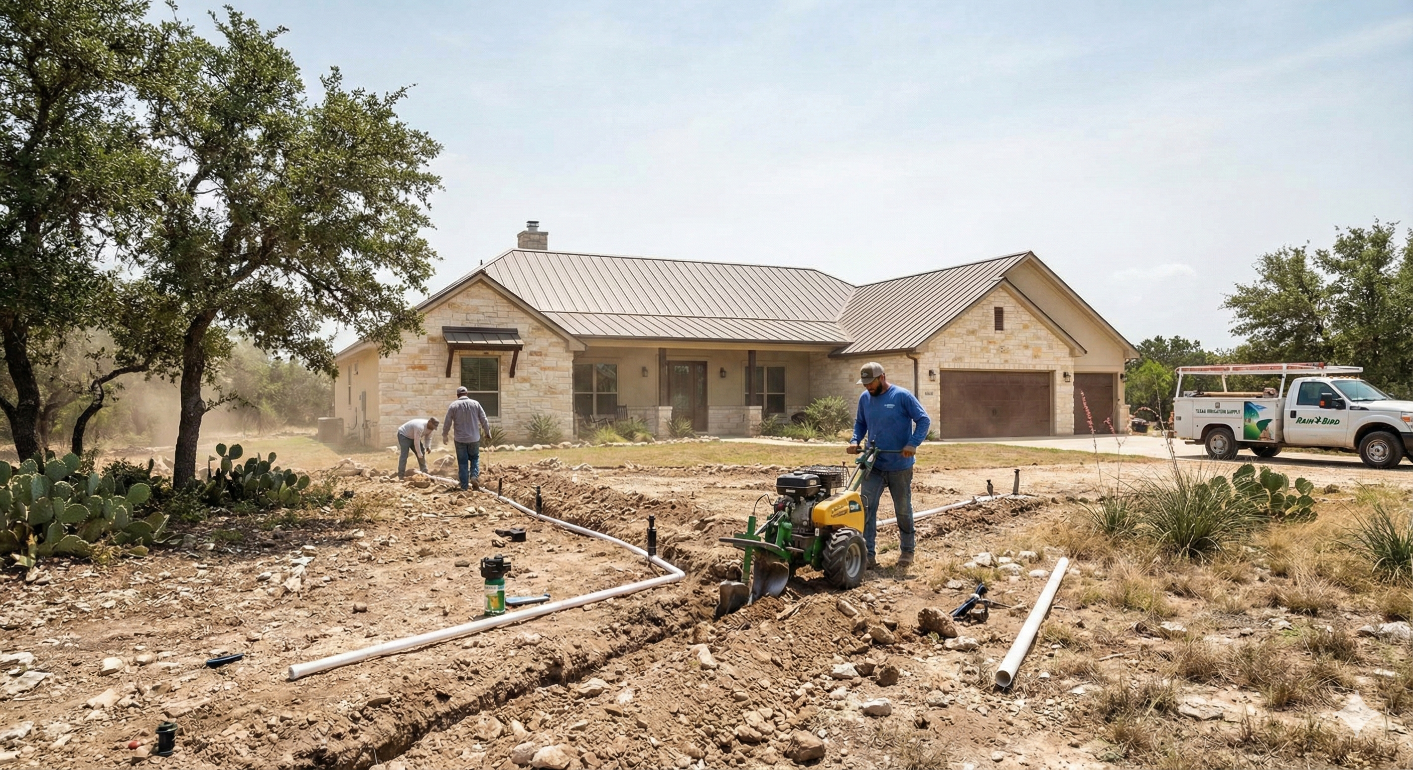 A neatly dug trench for new sprinkler pipe installation.